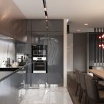 Tủ bếp acrylic màu xám mang đến không gian nấu nướng hiện đại, cao cấp