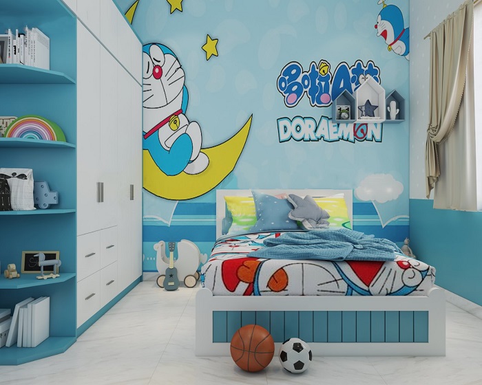 Mẫu phòng ngủ màu xanh Doremon ấn tượng