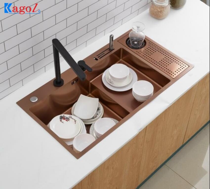 Chậu Rửa Bát KAGOL NANO VÀNG Kèm Rửa Cốc - Chính Hãng, Bền Đẹp